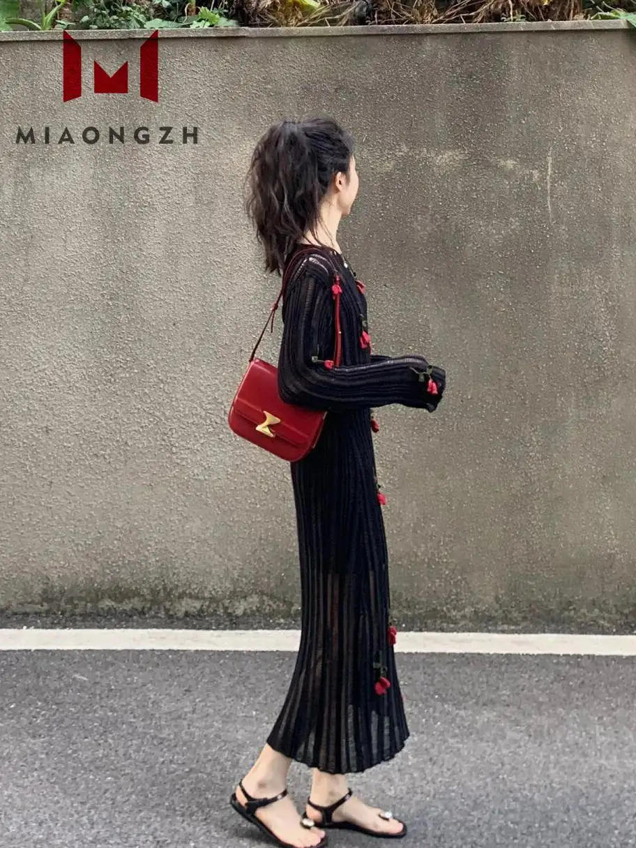 New Summer 2024 Black Flower Knitted Dress For Women O Neck Long Sleeve Hook Flower Hollow Female Elegant Holiday Party Dresses