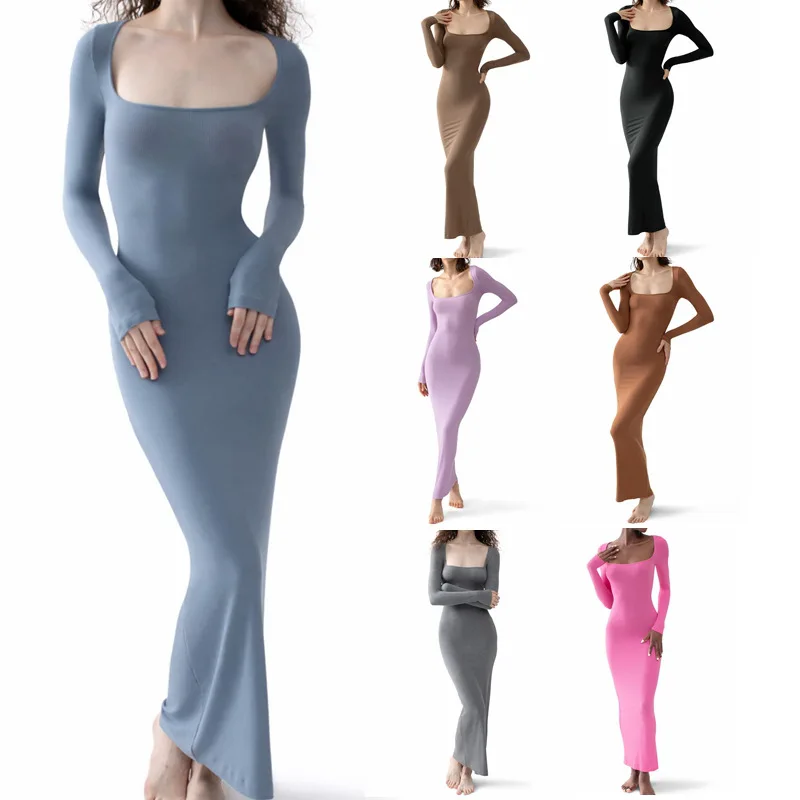 

Women's Square Neck Long Sleeve Maxi Dress Soft Lounge Ribbed Bodycon Dresses for Women 2023 Solid Large U-neck Slim Wrap Dress