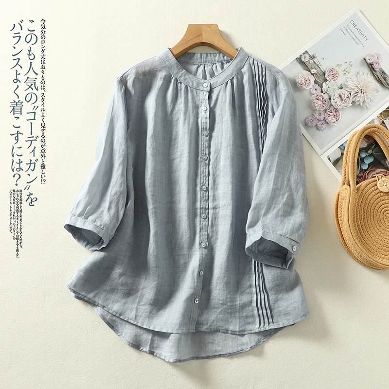 

Women's Half-Sleeve Pleated Cotton Shirts O-neck Button-Up Summer Blouses Casual Loose Boho Style Blue Khaki Pink White Top