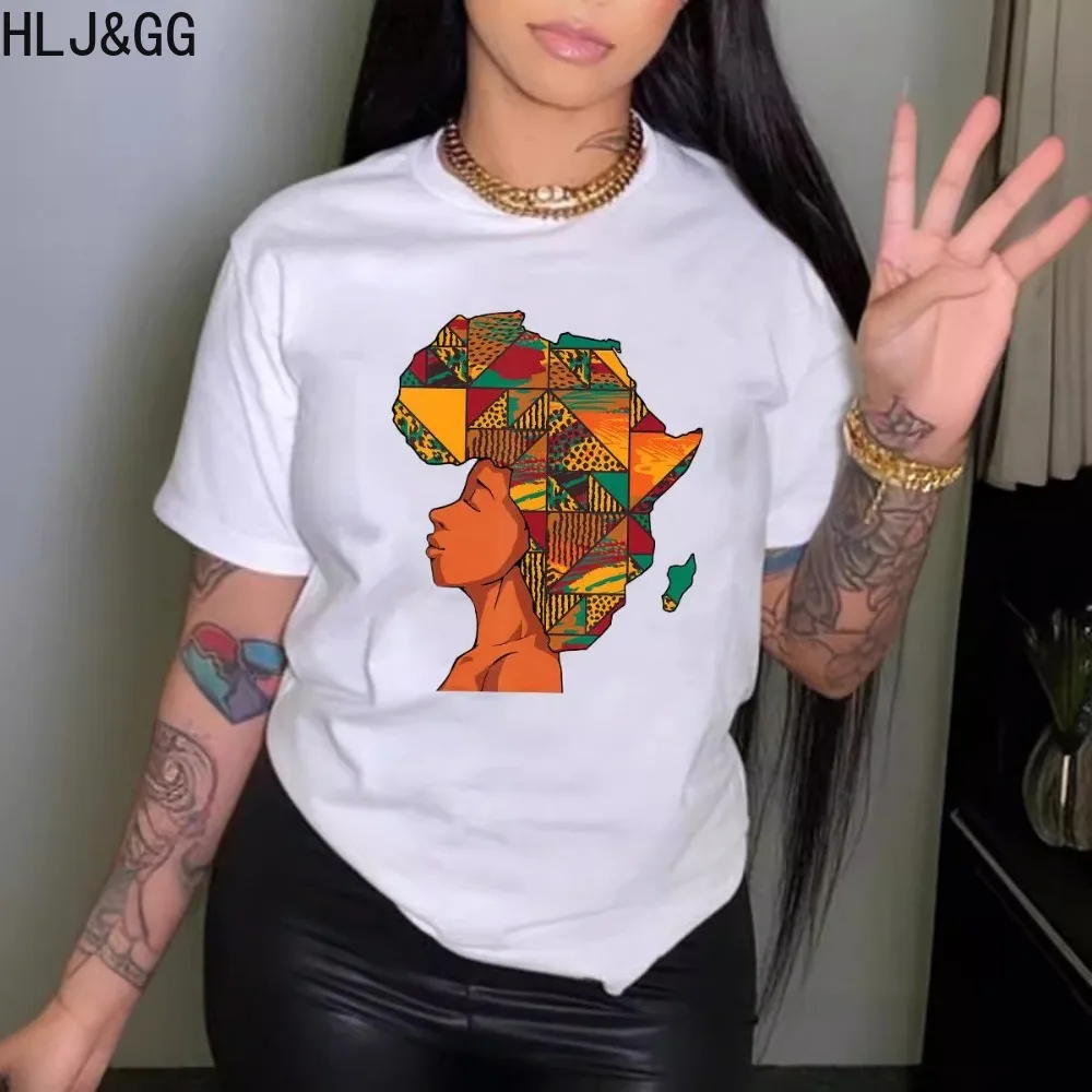 Hlj & Gg Zwarte Zomer Nieuwe Afrikaanse Patroonprint T-Shirts Vrouwen Ronde Hals Korte Mouw Slanke Tops Casual Dames Bijpassende Kleding