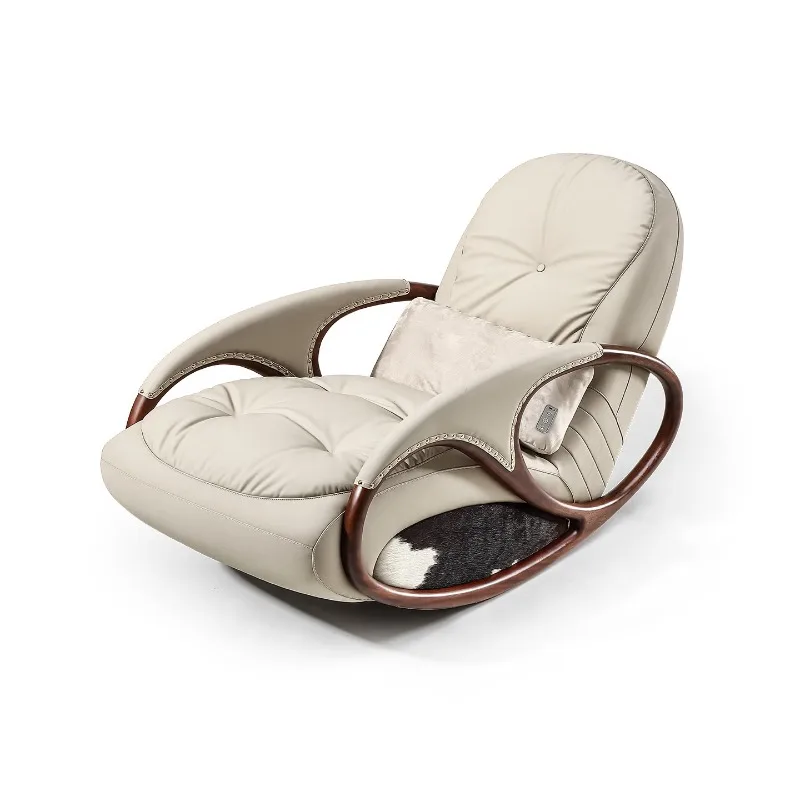 Leather single sofa lazy balcony rocking chair, gold silk sandalwood massage recliner light color