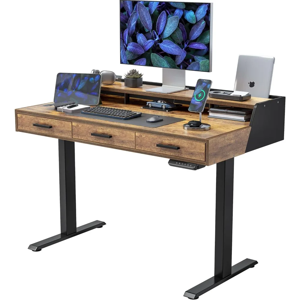 Electric Standing Desk with Drawers, 48x24 Inch Standing Desk Adjustable Height, Stand Up Desk with Monitor Shelf, Sit St