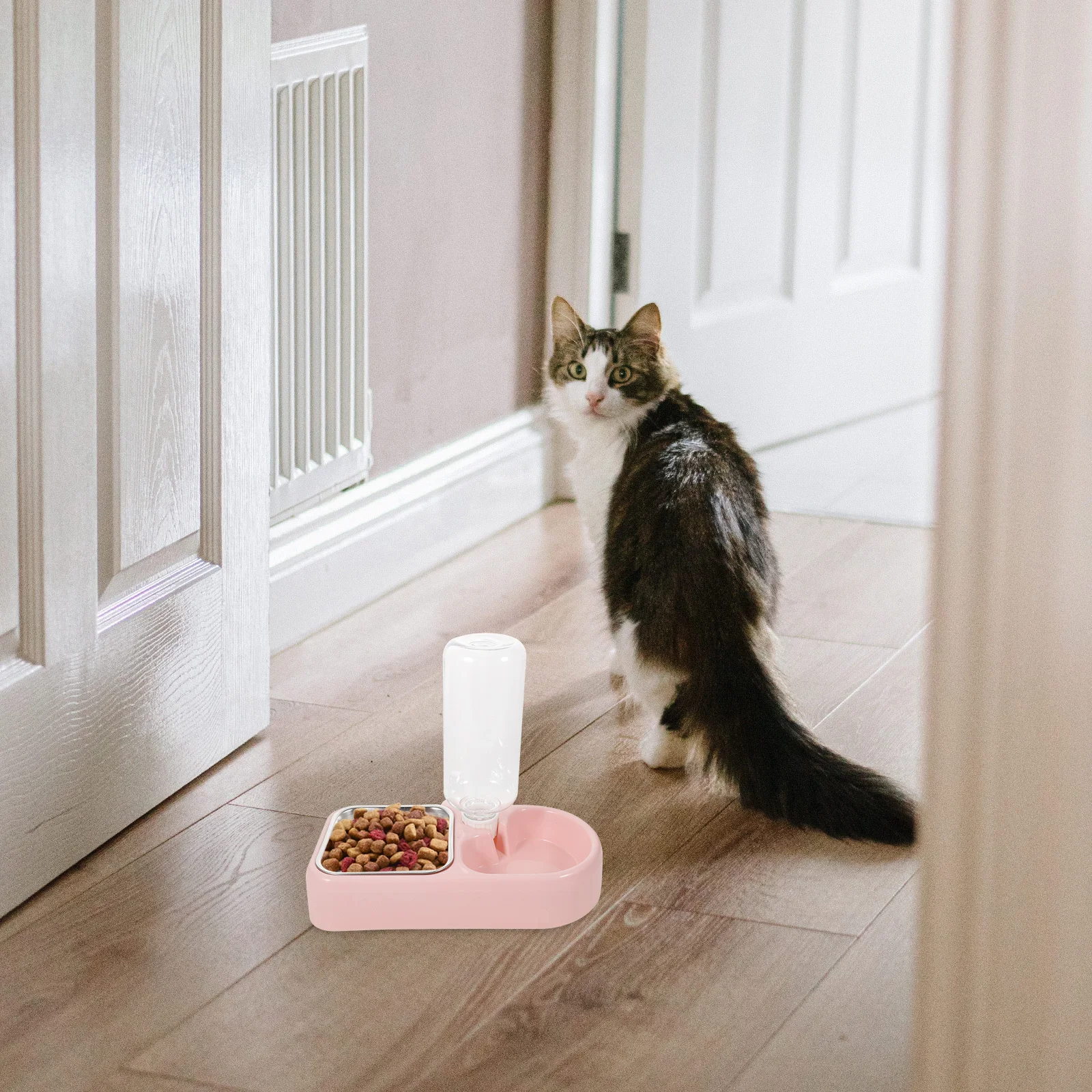 เครื่องให้น้ำสัตว์เลี้ยงแบบสองช่องสีชมพู สำหรับสุนัขและแมว อุปกรณ์ให้น้ำอัตโนมัติ ป้องกันการหก ชามปลอดภัยจากวัสดุความหนาแน่นสูง เป็นมิตรต่อสิ่งแวดล้อม