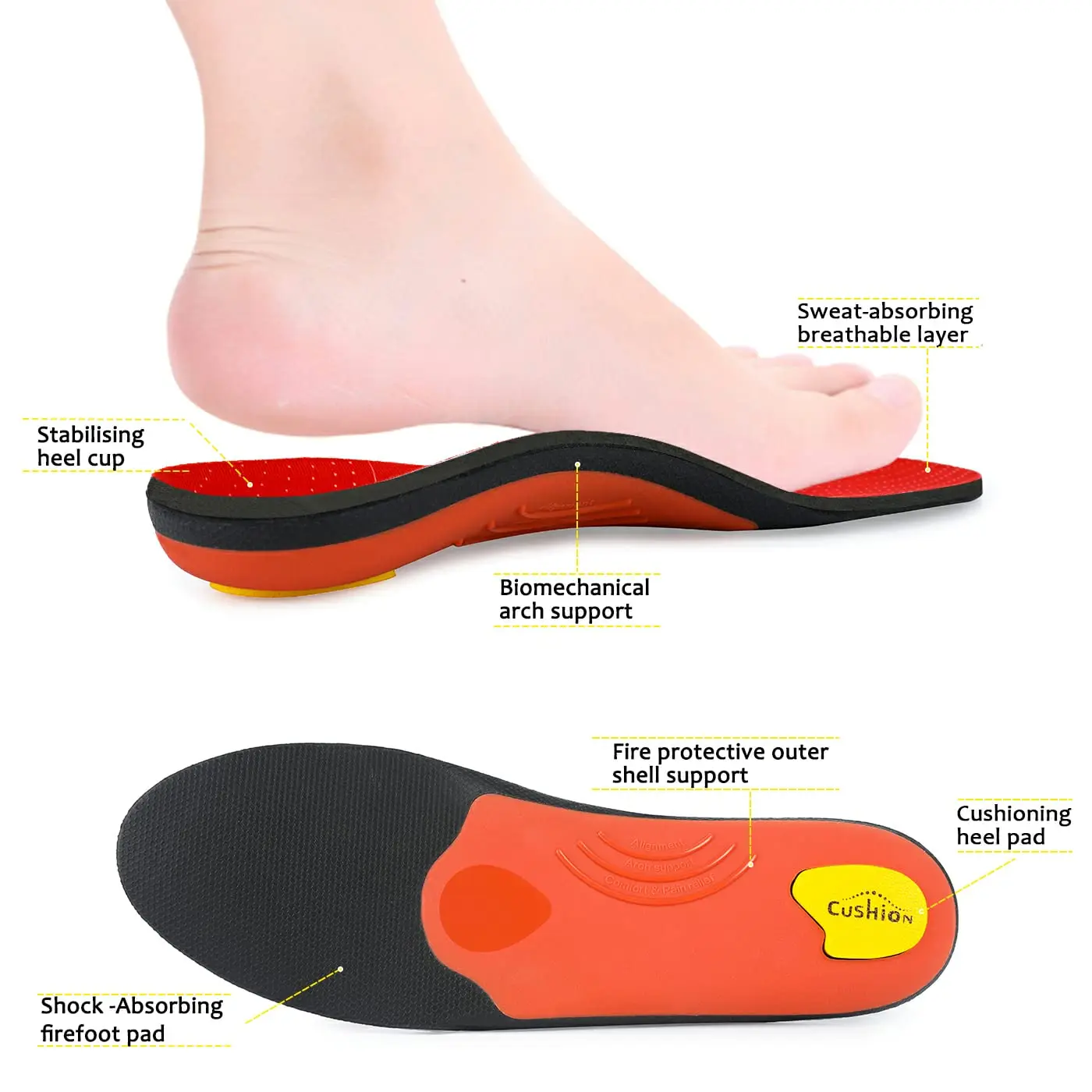 Arch Heavy Support Pain Relief Orthotics  Flat Foot Heel Pads Plantar Fasciitis Work Boots Insole Inserts for Men and Wome