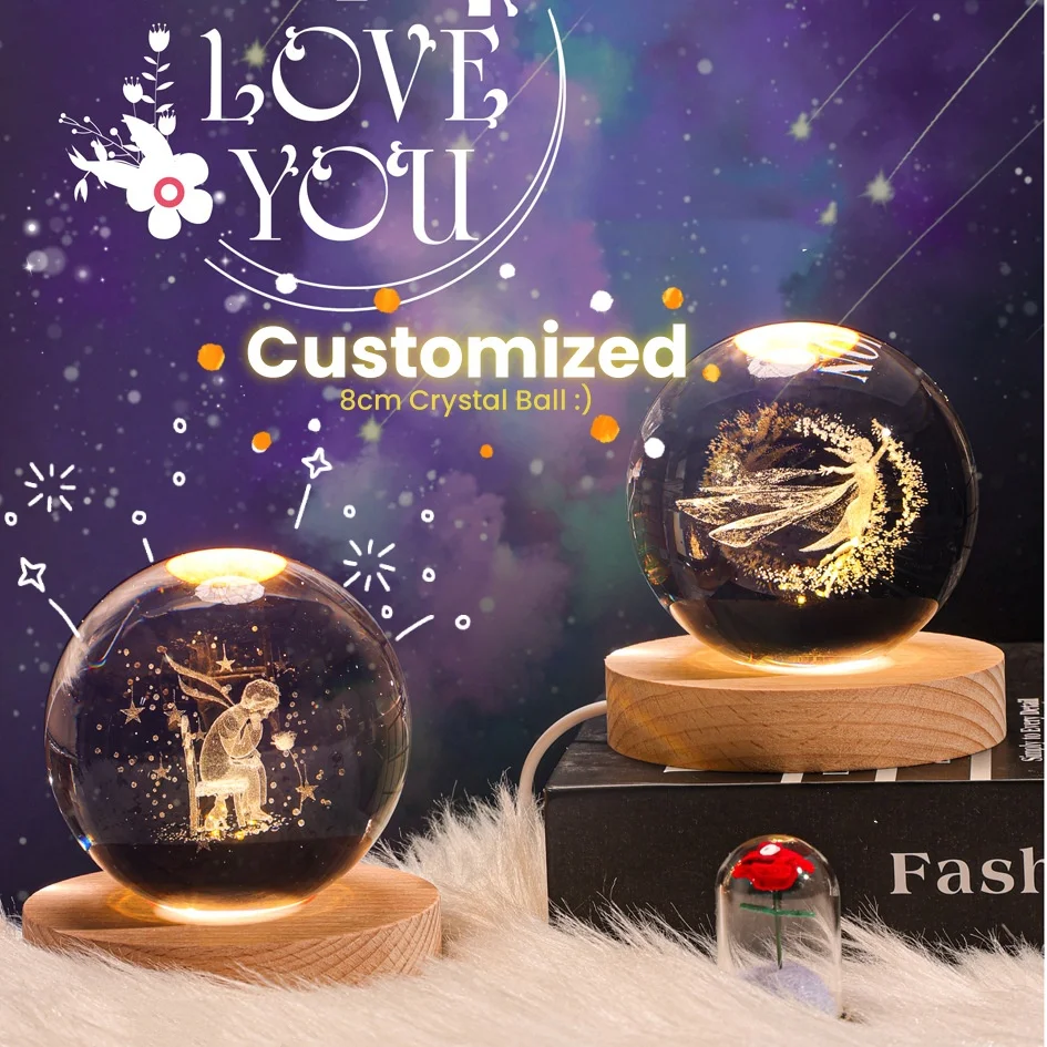 

【Customized 8cm】Creative Gifts Laser Engraving Crystal Ball Night Lamp USB Night Lights Decroation Christmas Anniversary Gift