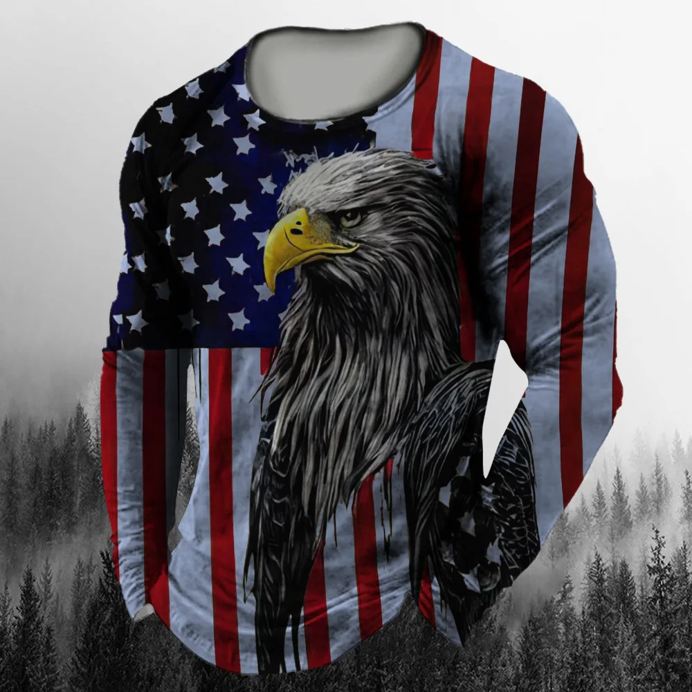 

Vintage Men's Long Sleeve T-Shirt Animal Eagle Pattern Printed Male Clothing Loose Casual Comfortable Breathable Crew Neck Tops