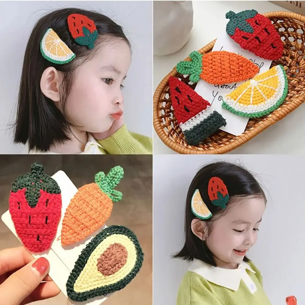 Plush Cartoon Fruit Hairclips para crianças, Franja de bordado colorido, Cute Knitted BB Clip, Acessórios para cabelo