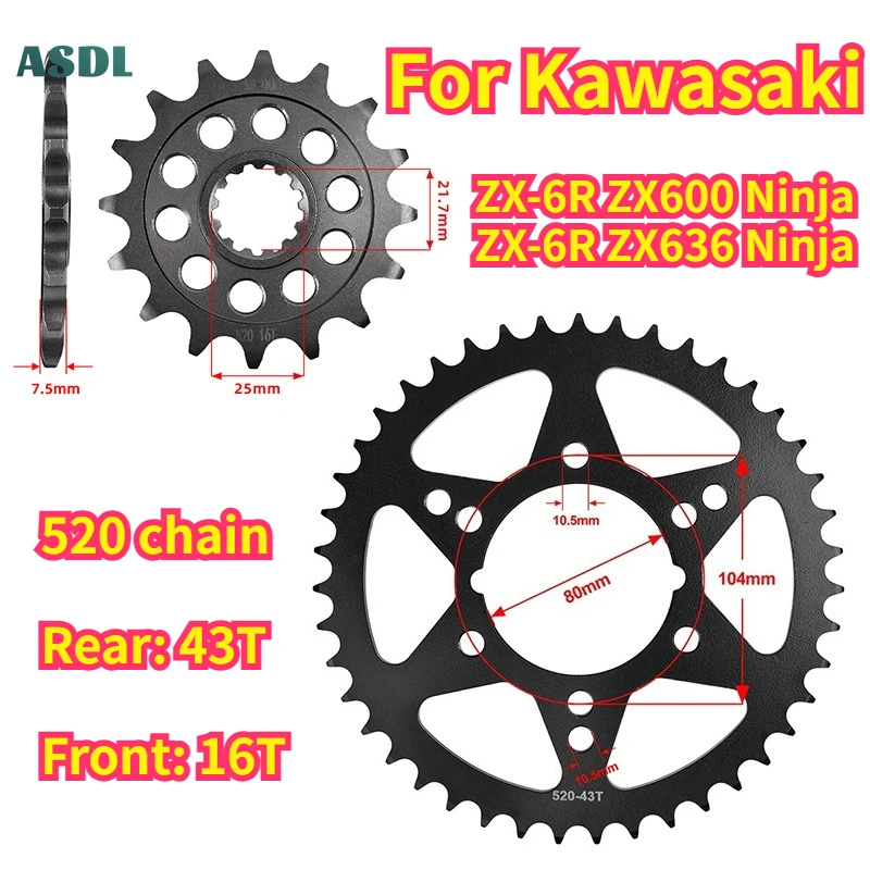 

For Kawasaki ZX-6R ZX600 07-15 520 43T 16T Motorcycle Front and Rear Sprockets ZX636 Ninja 13-18 ZX 636 Ninja KRT Edition ZX-6R