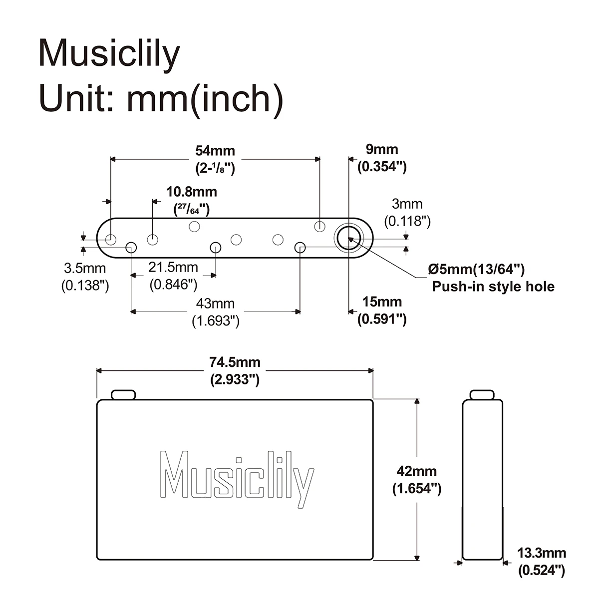 Musiclily Ultra 54mm String Spacing 42mm Depth Full Solid Brass Block for ST Electric Guitar Wilkinson WVC/WVP Tremolo Bridge