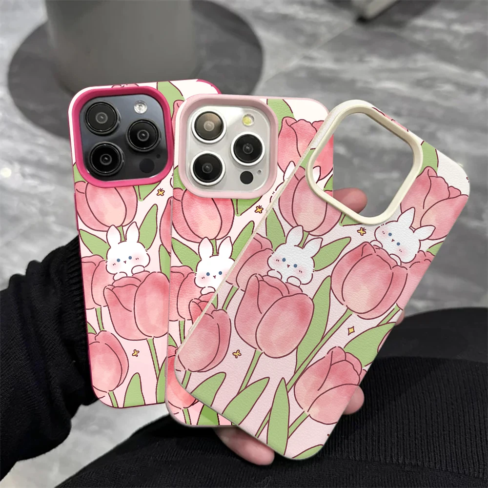 Rosa Tulpe Weißer Hase Handyhülle für iPhone 17 16 15 14 13 12 Pro Max 16 15 14 Plus 17 16 15 14 Pro 17Air Silikon Matte Hülle – Detail 4