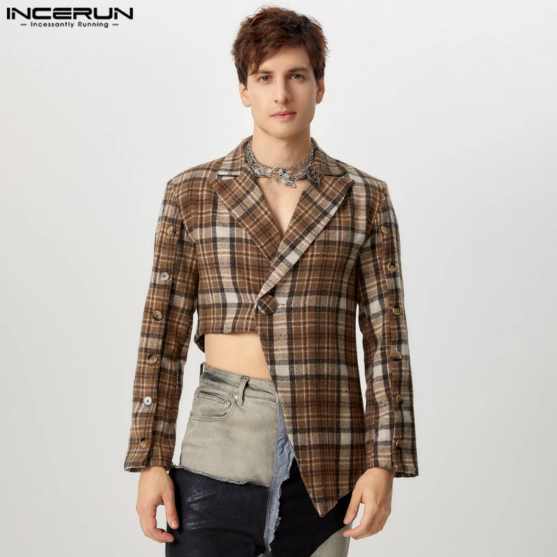 INCERUN Handsome Men's Tops 2024 Stylish Single Buckle Design Suit Coat Male Slit Irregular Hem Plaid Long Sleeved Blazer S-5XL