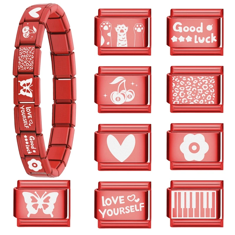 

Girls' Red Color Good Luck Heart Cat Paw Flowers Butterfly Italian Charm Links Fit 9mm Stainless Steel Bracelet Women Diy Making