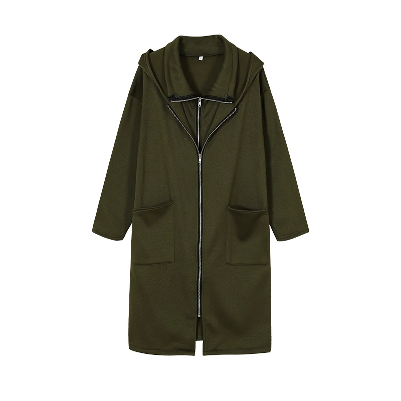 Damen-Kapuzenpullover mit Taschen, Reißverschluss, mittellanger, lockerer Mantel, zweiteiliger Look, lässige Oberbekleidung – Detail 11