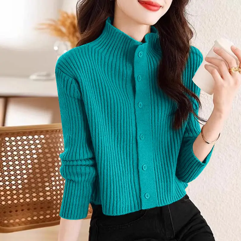 Half High Collar Knitted 2024 New Women\'s Autumn Winter Spliced Button Screw Thread Fashion Solid Color Casual Long Sleeve Tops