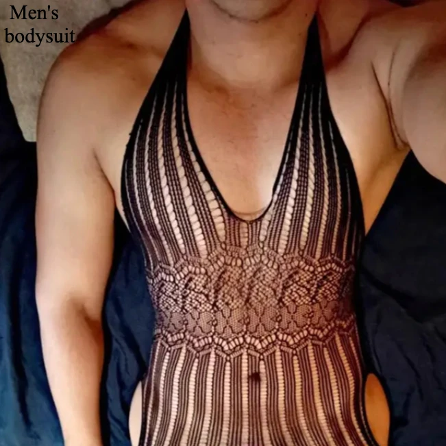 

Halter Men's Nightgown Male Fishnet Jumpsuit Fetish Sexy Uniform Man Transparent Club Party Gentleman Clothes Drop Shipping