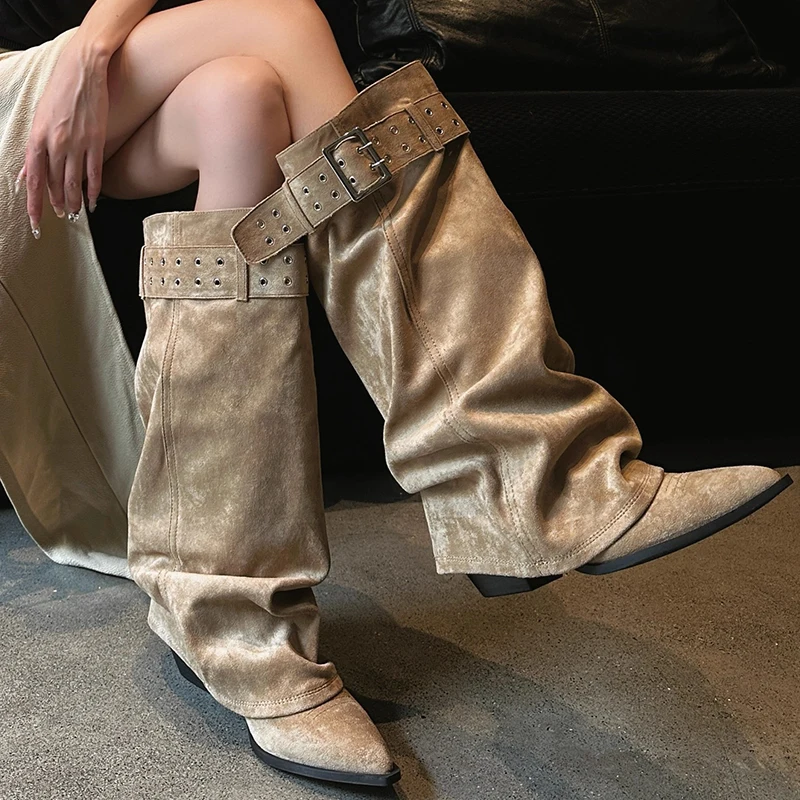New Khaki Belt Buckle Cowboy Western Boots Stacking Pants Boots Women Thick High Heels Women Knee-High Boots Women Botines Mujer