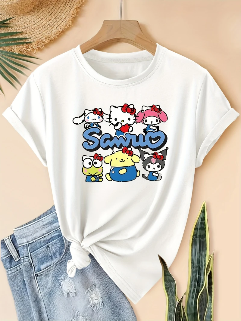 تخفيضات جديدة لصيف 2025 سانريو كورومي هالو كيتي 50 الذكرى النسائية T الناعمة الراقية الفاخرة لكل من الرجال والنساء