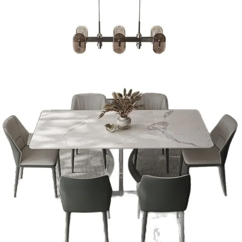 

Small waist thickened rock slab dining table light luxury minimalist brushed stainless steel base modern style small apartment