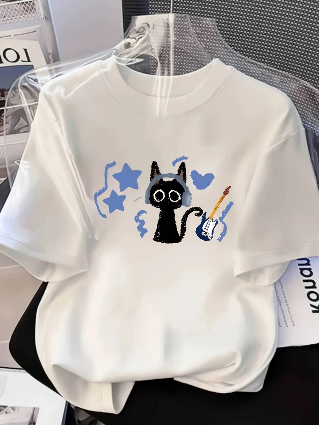 

Cat Rope, Cartoon Cats Print Tshirt Short Sleeve Crew Neck Casual Top for Summer Spring, Women's Clothing Kawaii Clothes