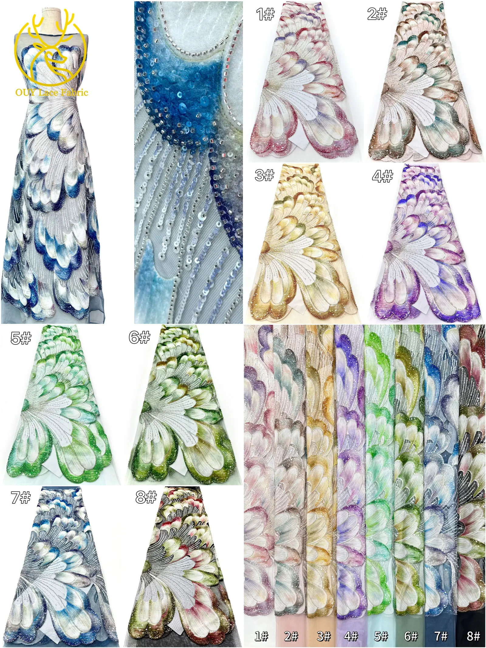 2026 Neues Design Afrikanischer Perlenstickerei-Spitzenstoff 5 Yards Französischer Perlenstickerei-Pailletten-Spitzenstoff zum Nähen von Damen-Abendkleidern – Detail 3