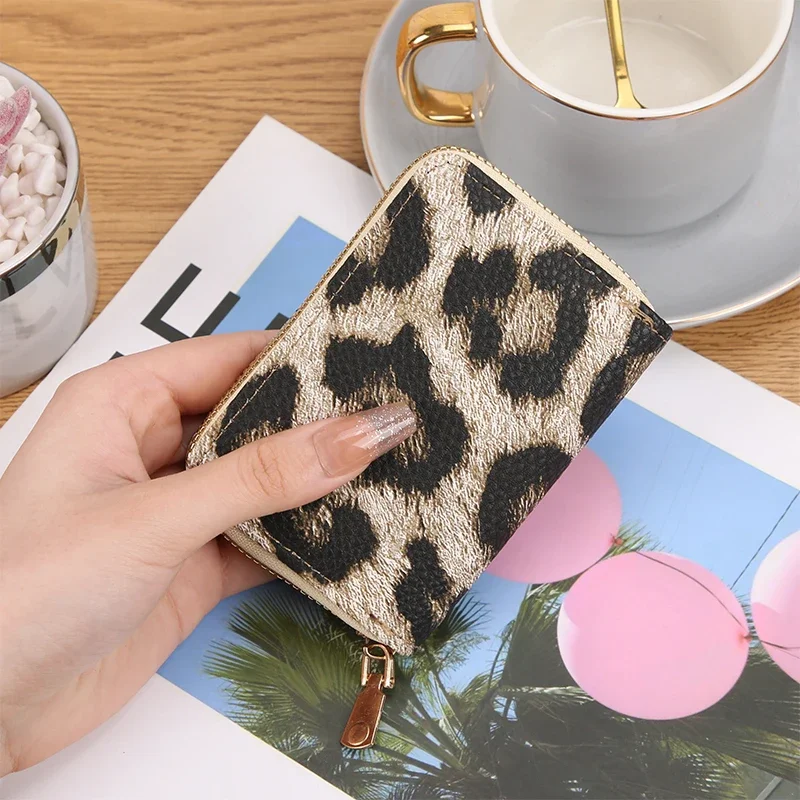 New Leopard Pattern Multi slot Double Pull Organ Card Bag Short Zero Wallet Document Bag Card Cover Multi slot Zipper