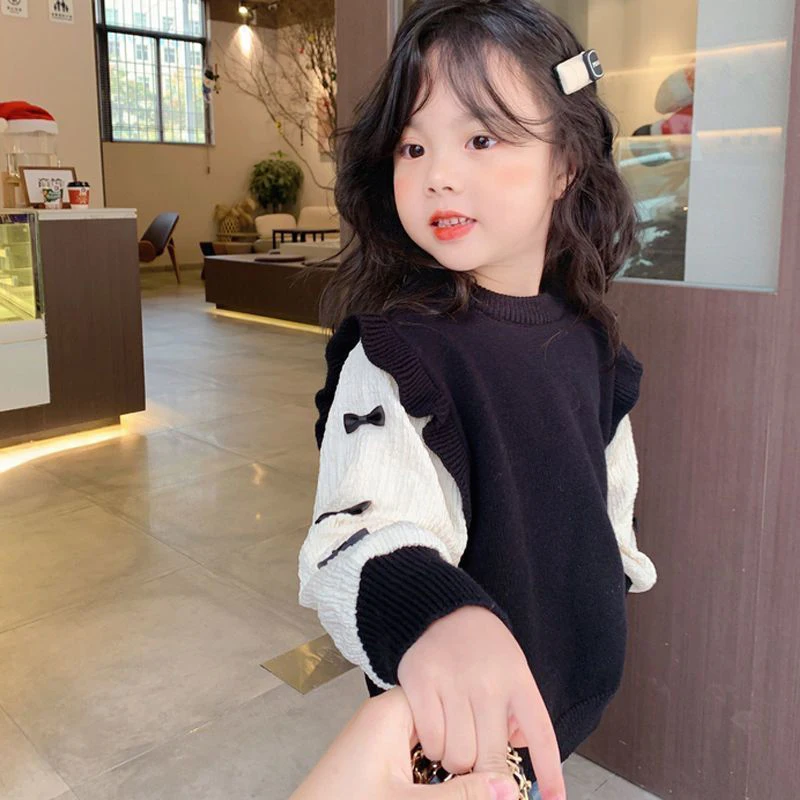 Autumn Winter Fashion Korean Patchwork Kawaii Girls\' Sweatshirts Long Sleeve Children\'s Clothing Sweet Kids Cute Tops Pullover