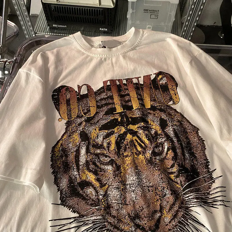 T-shirt à manches courtes imprimé graphique tigre pour femmes et hommes, Streetwear coréen surdimensionné, T-shirt esthétique pour dames, été