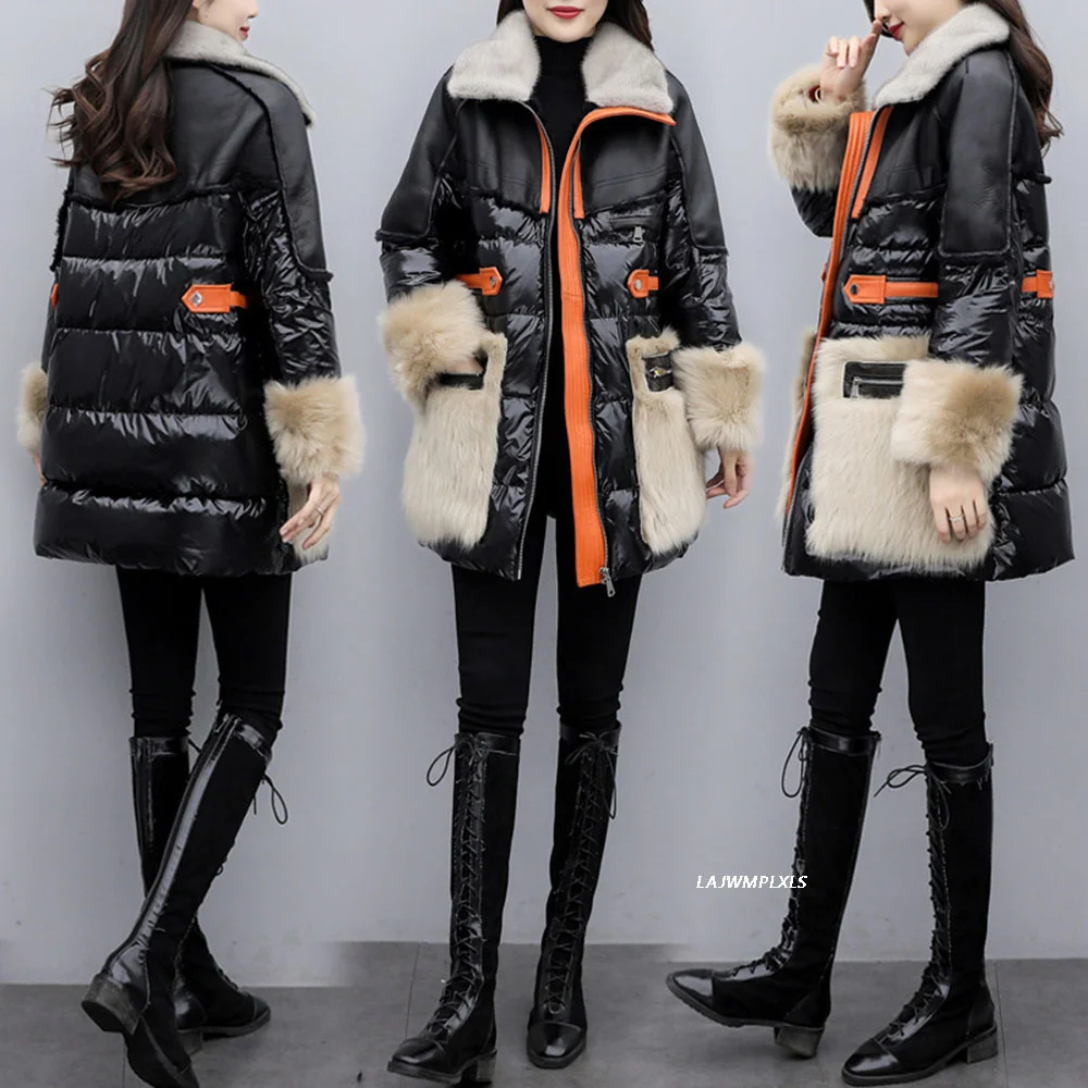 Duck 90% white Jacket Patchwork Fur Coats 2023 Fashion Women Overcoat Winter Turn-down Collar Down Parka