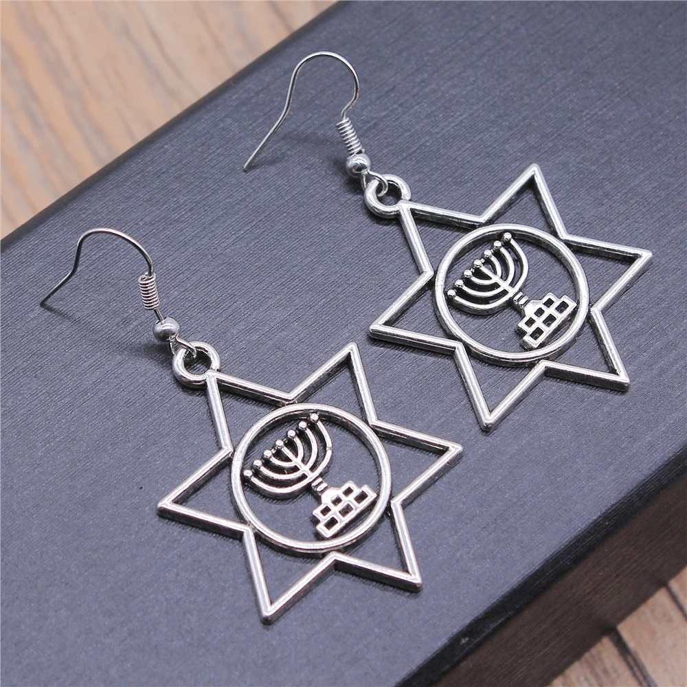 Vintage Antique Silver Color 39x32mm Judaism Menorah Star Of David Charms Drop Earrings Dangle Earrings Women Party Gift