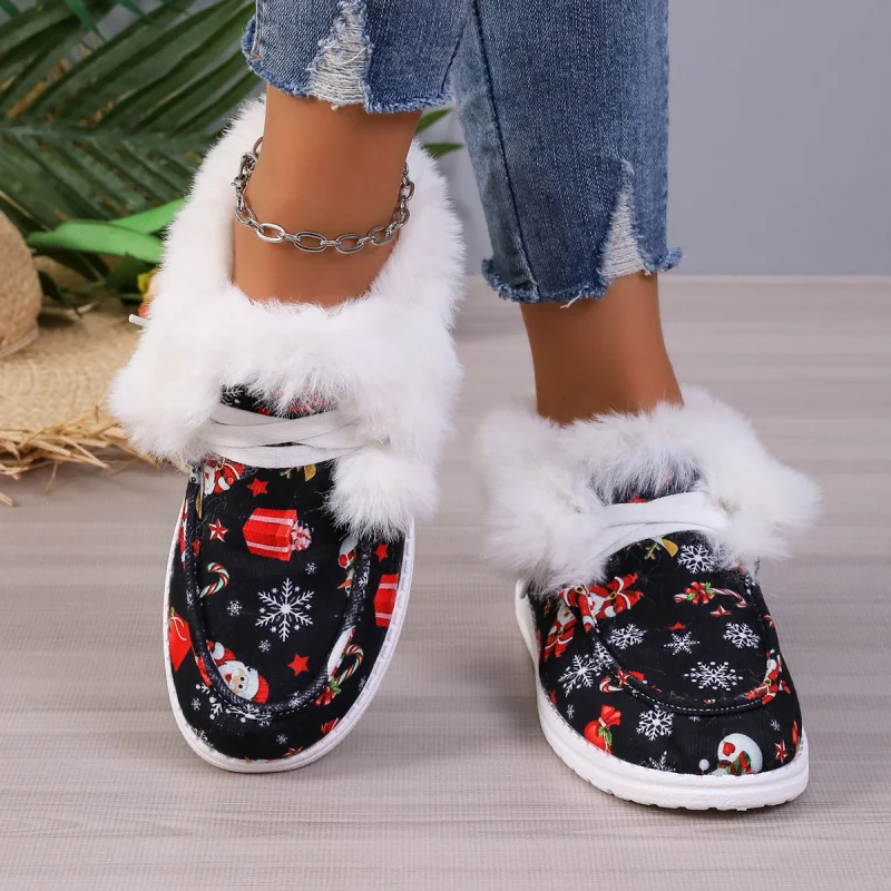 

Christmas Plus Size Cotton Boots 2025 Autumn Winter New Thickened Fleece Versatile Warm Flat Round Toe Simple