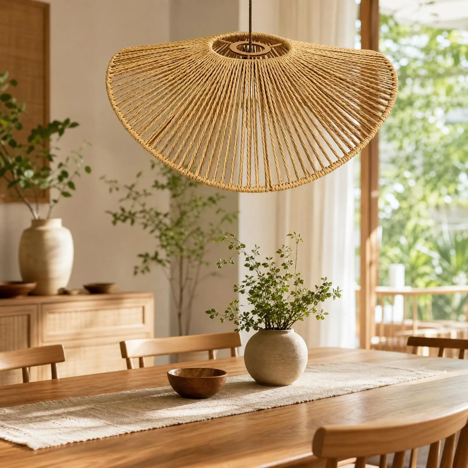 Artisan Paper Rope Lampshade for Pendant Lighting Fan Shaped Handwoven Cover Reinforced Rim Circular Mount for E27 Bulb Warm