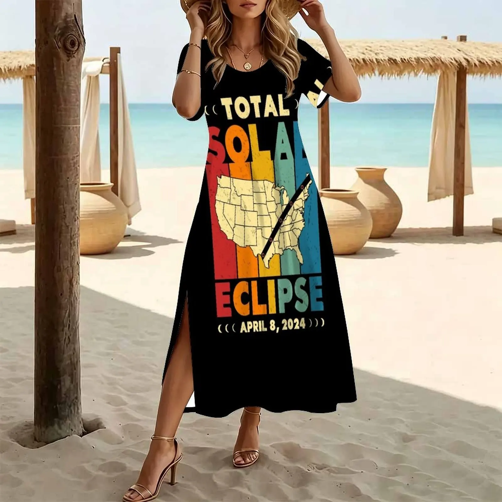 Total Solar Eclipse 2024 Women's Round Neck Short Sleeve Split Long Dress