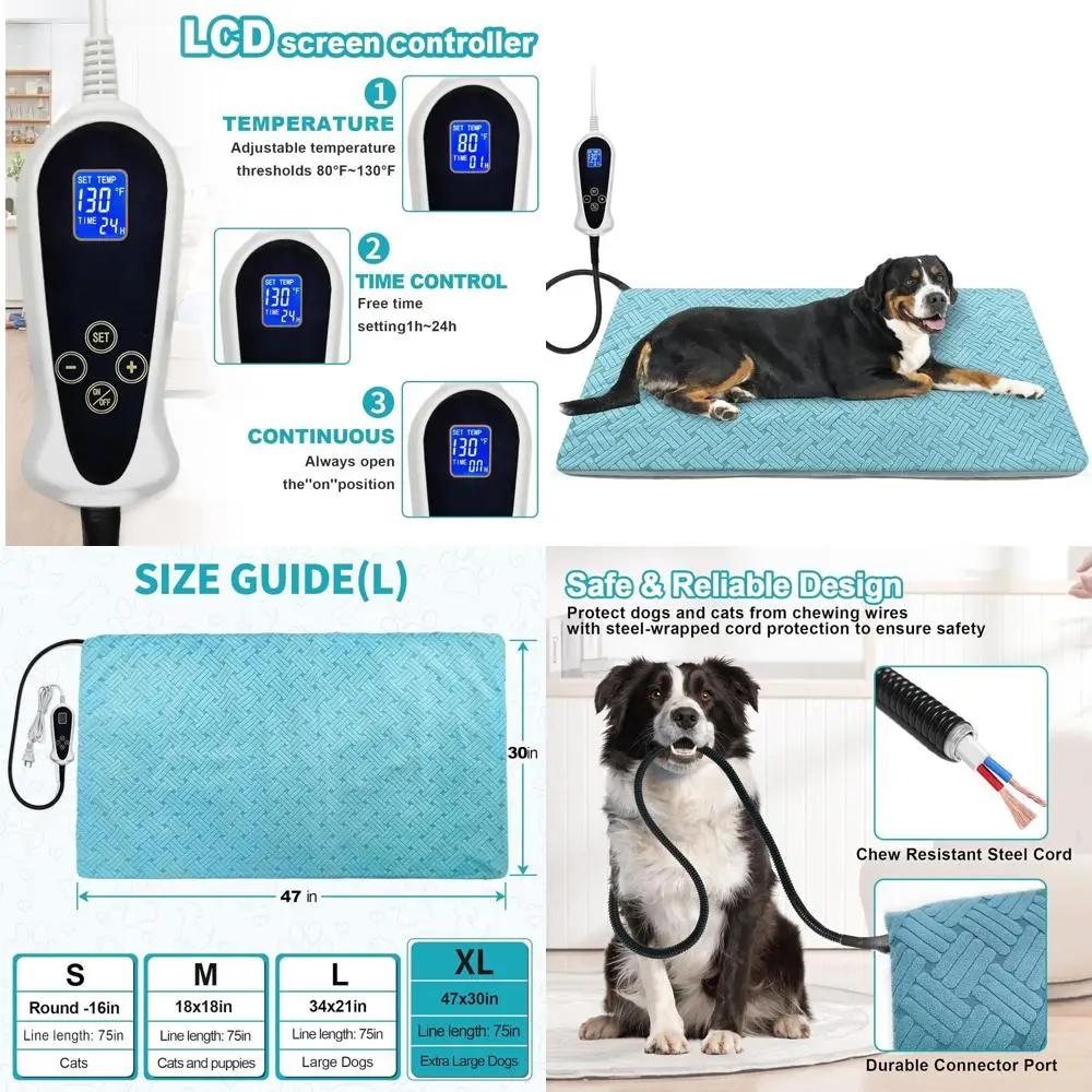 

Большой умный термостат 47x30, грелка для домашних животных, жевательный шнур, мягкий чехол в синюю полоску для собак и кошек