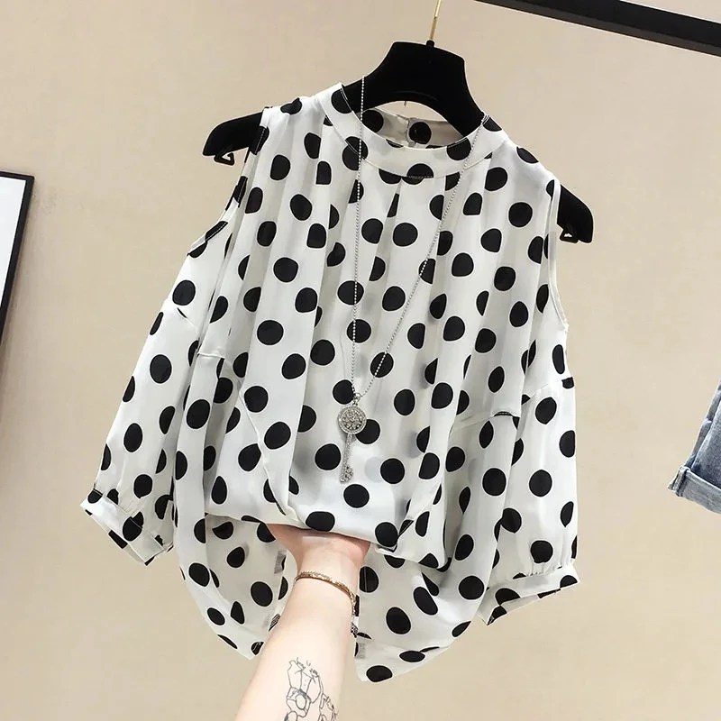 Black Polka Dot Vintage O-Neck Loose Off Shoulder Pullover Chiffon Women\'s Blouse Shirt Korean Fashion Female Clothing Tops 2024