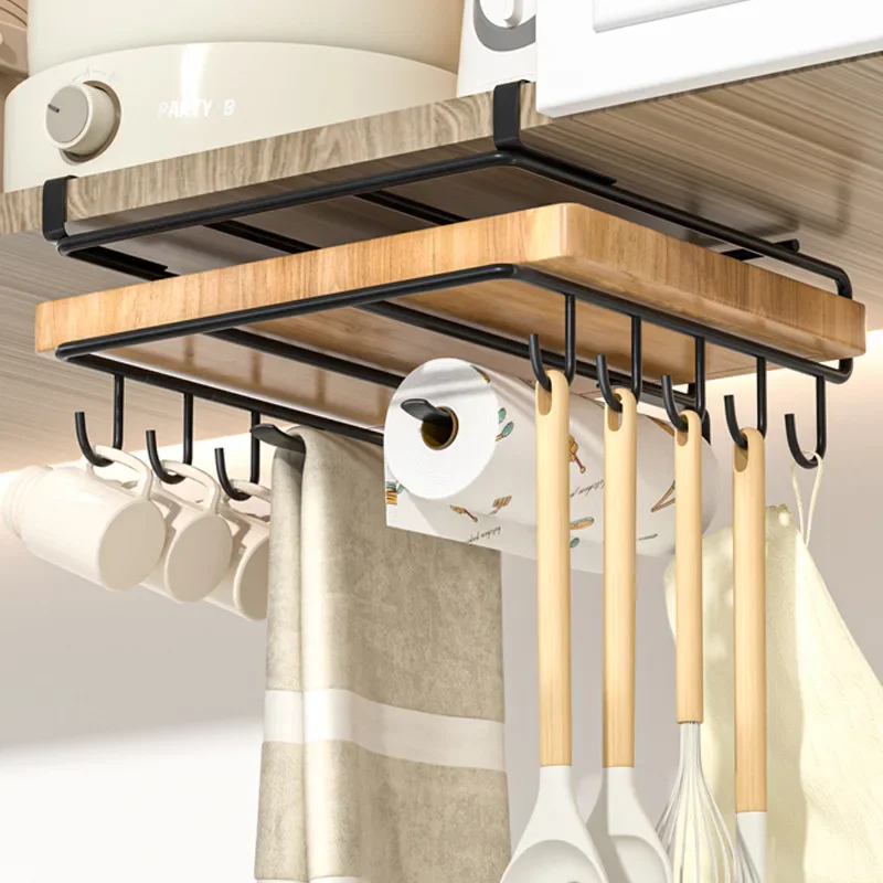 Kitchen Hanging Organizer Rack with Hooks Under Cupboard Paper Towel Rags Hanger Cutting Board Pot Cover Holder Storage Shelf