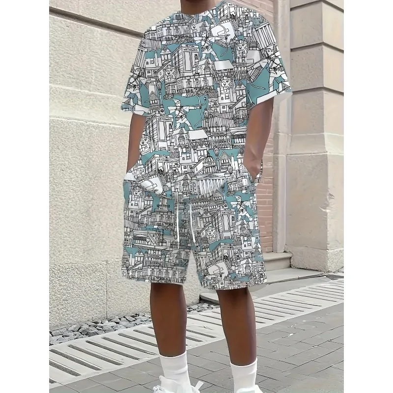 2025 Personalized 3D Printed Summer Round Neck Short Sleeved T-shirt and Shorts Set for Men's Daily Leisure Sports Street Travel
