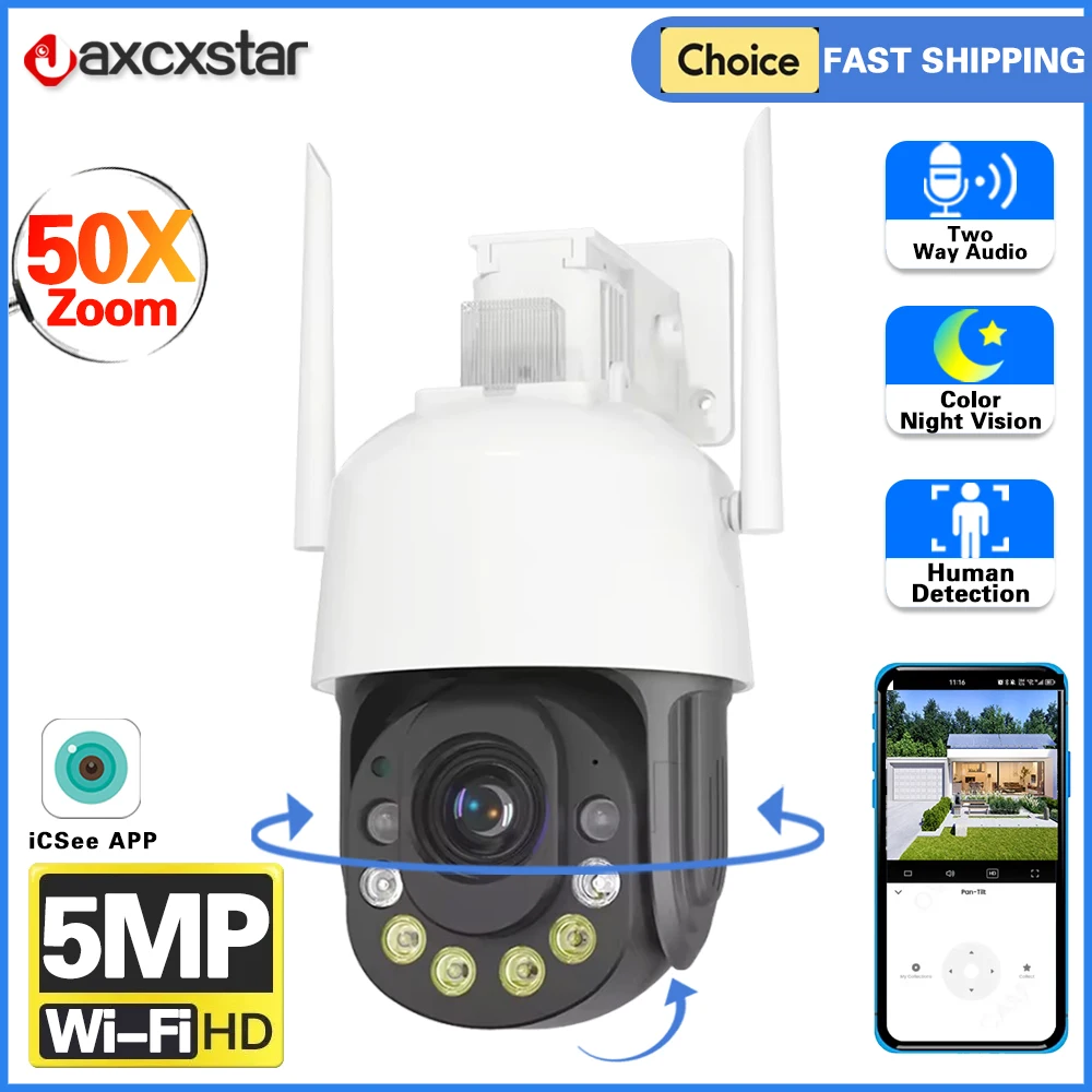 

360 Wireless Outdoor5MP WiFi Security Camera ICSee 50X Zoom Video Surveillance IP Camera CCTV Human Detection 2 Way Audio