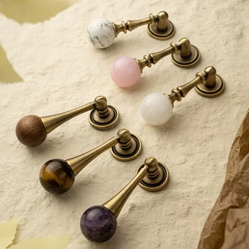 yesBrass Furniture Handle Walnut Wood French Antique Style Crystal Pendant Handle Shoe Cabinet Wardrobe Vintage Copper Door Hand