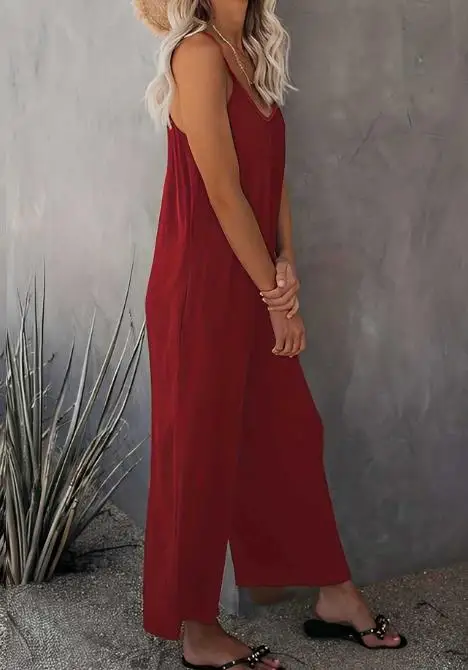 Summer New Solid Color Round Neck Sleeveless Camisole Jumpsuit Women's Casual Vacation Style Loose Wide Leg Jumpsuit