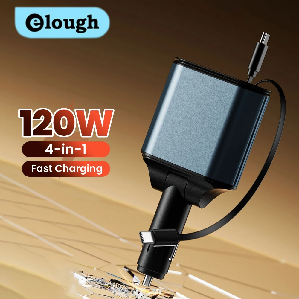 

Автомобильное зарядное устройство Elough 6A, сверхбыстрая зарядка, телескопический кабель 120 Вт, вилка прикуривателя для iphone, Huawei, Xiaomi