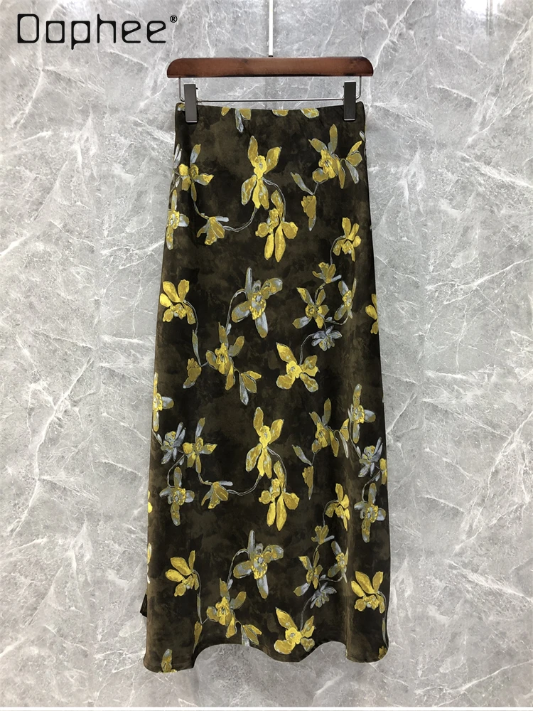 Retro Gedruckt Hohe Taille Fischschwanz Rock Frauen Frühling Sommer Essigsäure Satin Rock Elegante Temperament Prominente A-linie Röcke