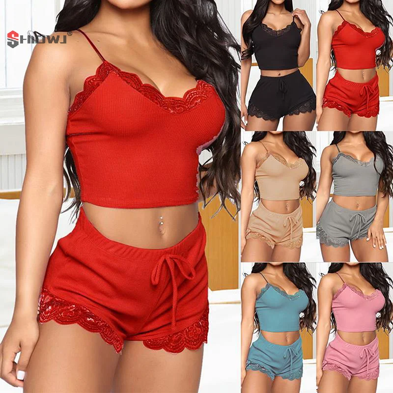 Women Pajama Sets Sexy Lace Sleeveless Soft Pajamas Comfortable V-Neck Sleepwears Female Nightgown Satin Night Wear Nightdress