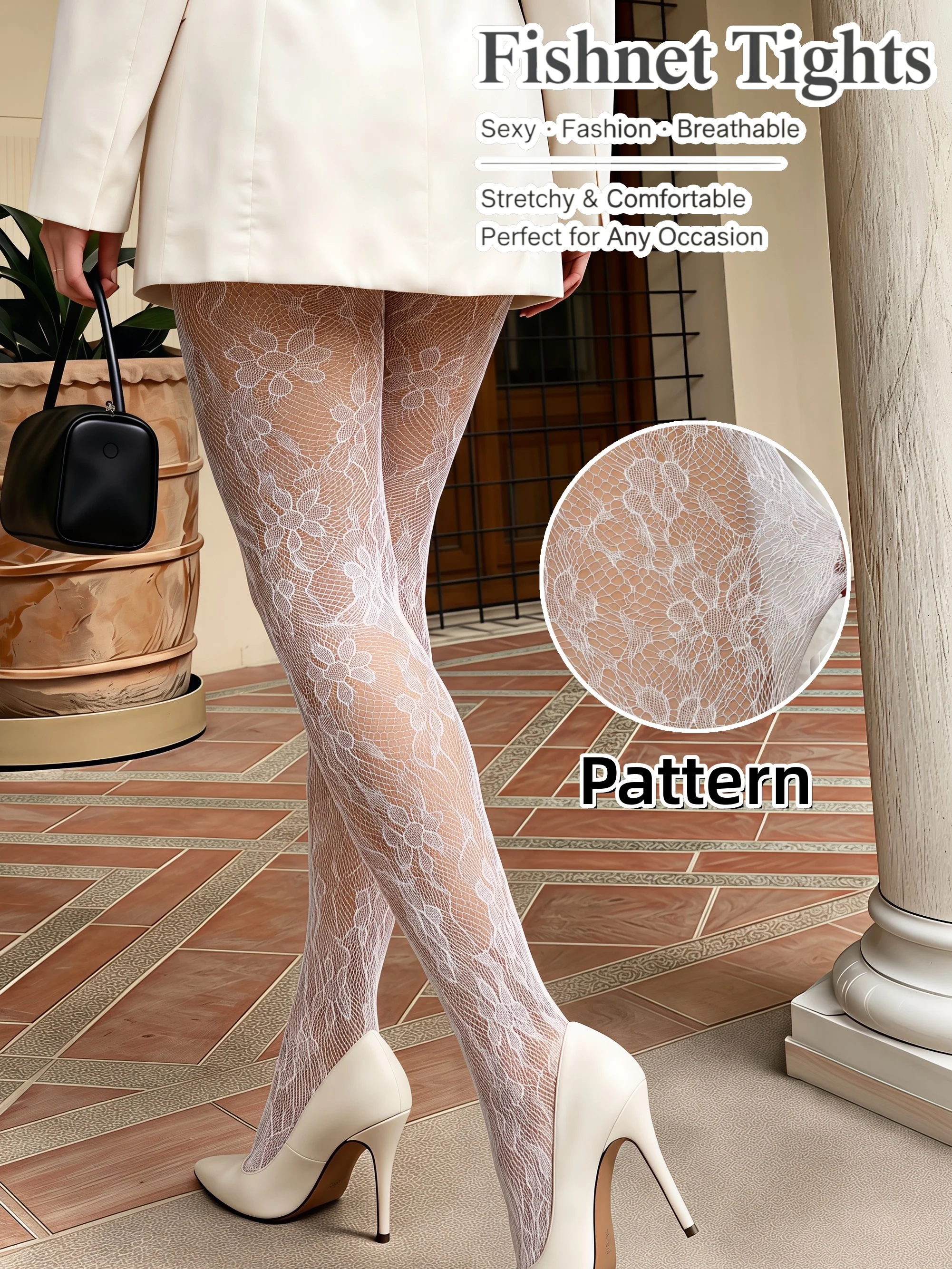 1‑Pack Women's White Vintage Floral Fishnet Tights High Elastic Knitted Soft Fashion Mesh Pantyhose