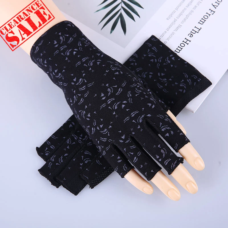 Guantes finos de algodón con estampado de plumas para mujer, antideslizantes, transpirables, protectores solares, sin dedos, para conducir, Verano