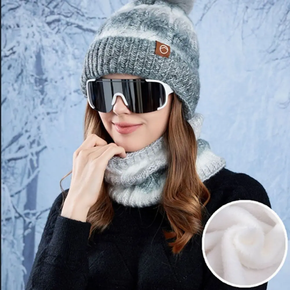 Gradient Color Knitted Hat Scarf Set Cold-proof Windproof Beanies Caps Thickened Winter Warm Cycling Skiing Skullcap for Woman