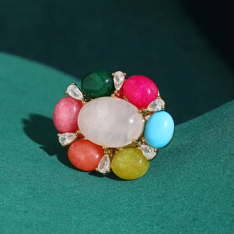 

Vintage Colorful Natural Stone Flower Rings for Woman Antique Gold Plated Party High Quality Jewelry Trends 2026 Accessories