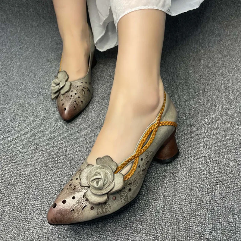 

Women Leather Pumps Embroidery Chinese Style Lazy Shoes Women Handmade Genuine Leather Soft Flower High Heels Gray Pointed Toe