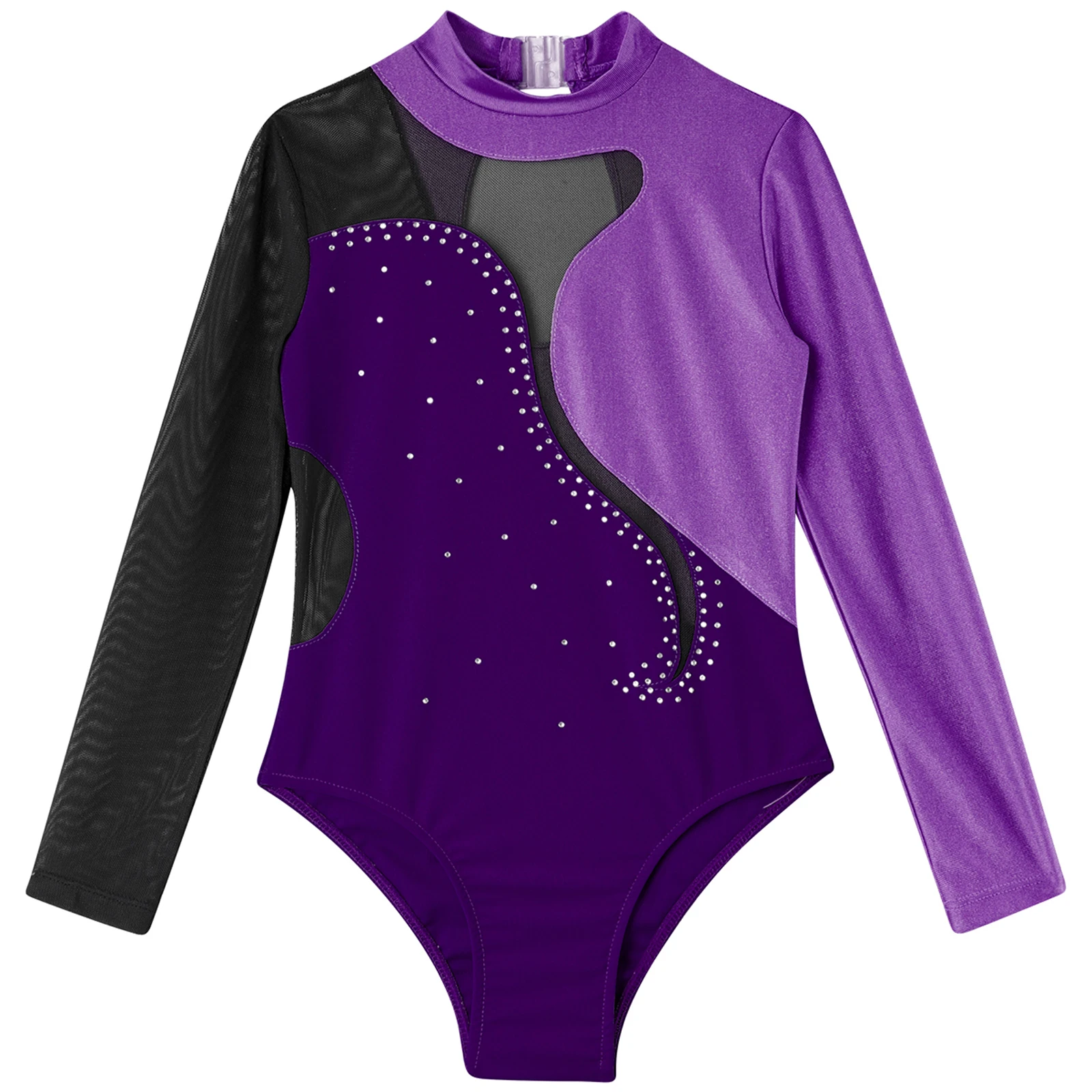 Children Girls Figure Skating Ballet Dance Leotard Gymnastic Acrobatics Dancewear Long Sleeve Shiny Rhinestone Sheer Bodysuit