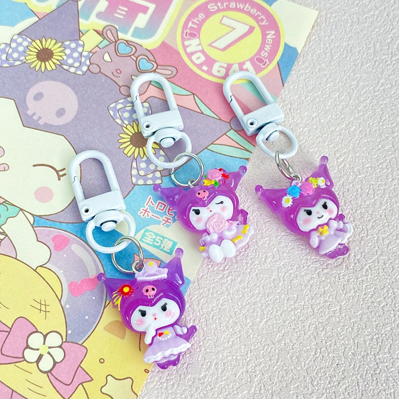 Sanrio Kuromi Luminous Purple Rice Wearing Flowers Keychain Cute And Fun Student Bag Pendant Couple Girlfriend Hanging Gift