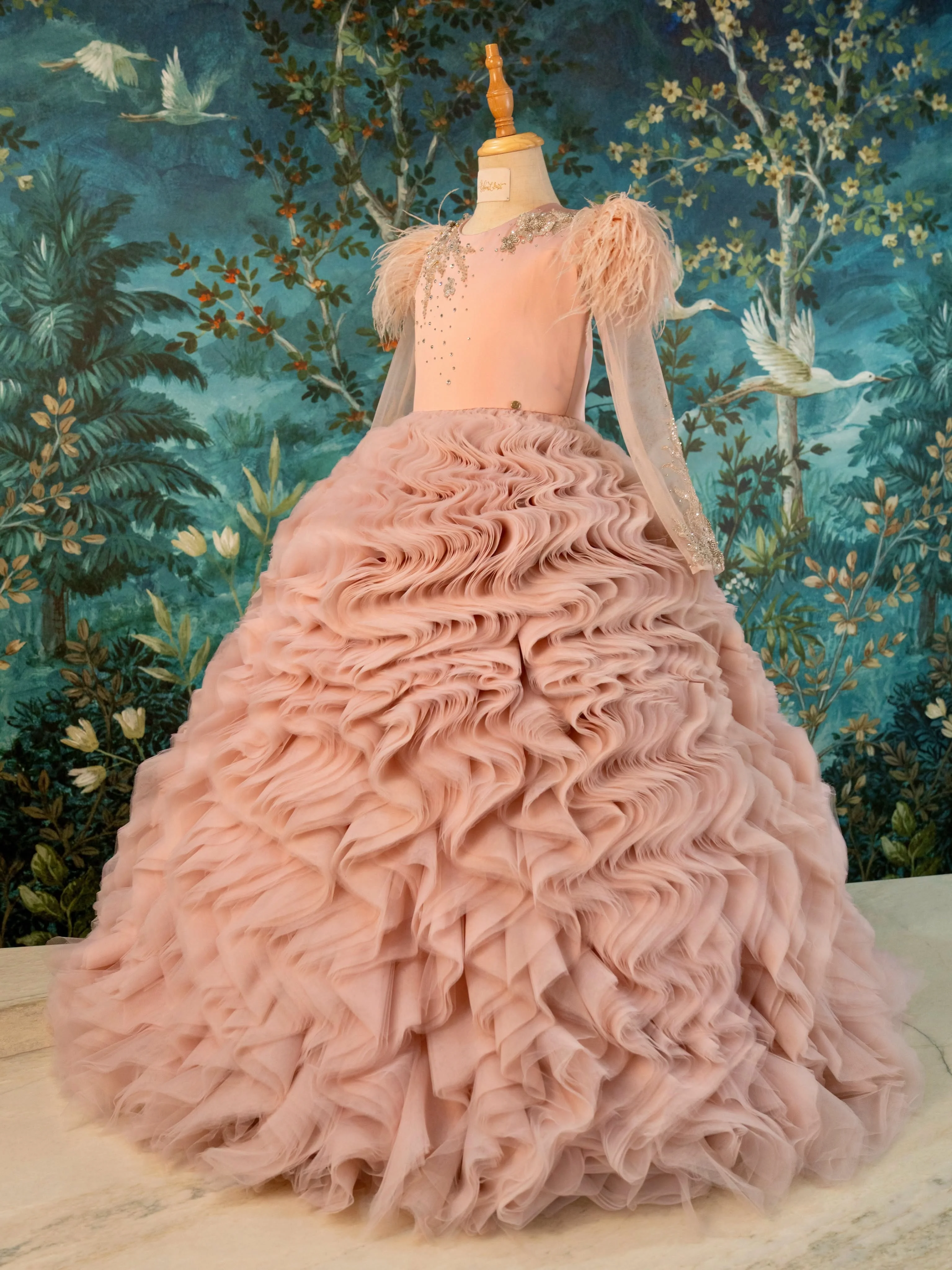Luxury Pink Flower Girl Dresses Tiered Skirt Feather Long Sleeve Child Birthday Party Ball Gown Customized